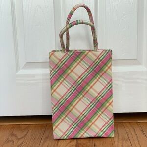 Margaret Smith structured handbag.  Made in Maine.  Pink & green preppy plaid.